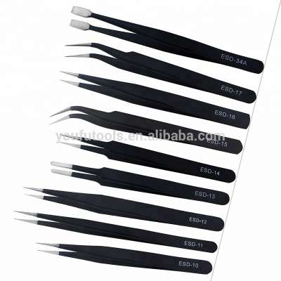 9Pcs ESD Tweezers Tools Kit Precision Antistatic Tip Curved Straight Stainless Steel Tweezers Nipper Repair Tool